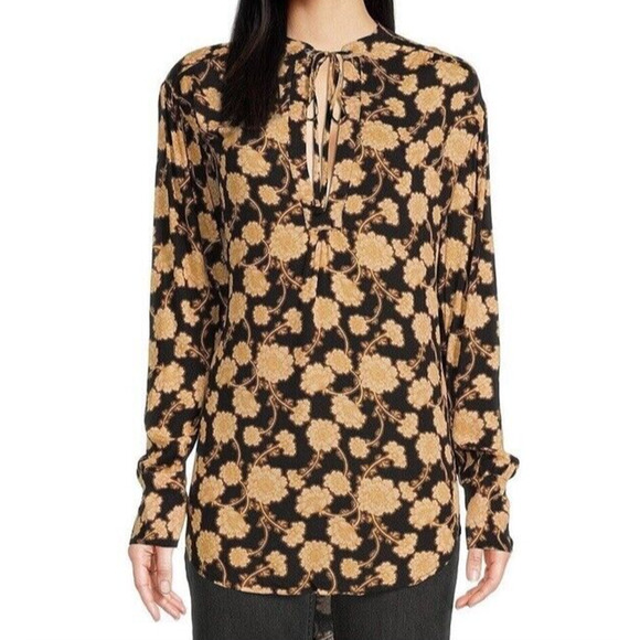 Free People Mia Floral Tunic Top XS Oversized Black Brown Vintage Long Sleeve - Picture 9 of 11